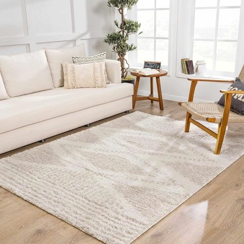 Hauteloom Trunding Moroccan Farmhouse Living Room, Bedroom Shaggy Area Rug - Bohemian Shag - Plush Pile - Neutral Boho Soft Carpet - Light Beige, Cream, Ivory, Off White - 5'3" x 7'3"