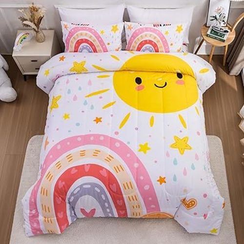 Btargot Lightweight Soft 3 Piece Rainbow Comforter Set with 2 Pillow Covers, Cartoon Love Hearts Flowers and Sun Star Bedding Set for Girls Boys Kids, Full Pink