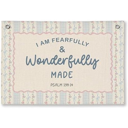Kids Room Decor Bible Verse Wall Hanging, 'I am Fearfully and Wonderfully Made' Linen Banner, Canvas Decoration for Classroom, Nursery, 20x30 Inch