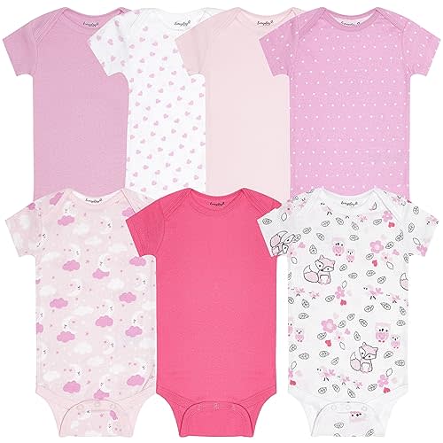 EVERYDAY KIDS 7 Pack Baby Bodysuits for Girls; 100% Soft Cotton Baby Girl Bodysuit; 3 Sturdy Snaps for Diapering