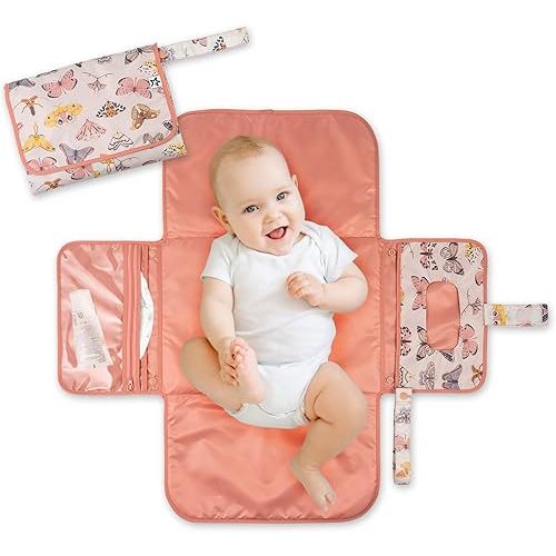 Tiny Twinkle Portable Diaper Changing Pad, Foldable Waterproof Baby Change Pad for Newborn Girl & Boy with Smart Wipes Pocket (Flutter)