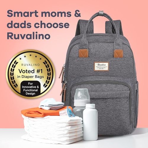 RUVALINO Diaper Bag Backpack, Multifunction Travel Back Pack Maternity Baby Changing Bags, Diaper Changing Totes, Waterproof and Stylish, Dark Gray