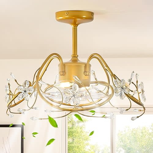Ganeed 20.5“ Gold Crystal Fandelier Ceiling Fans with Lights, Crystal Diamond Flower Chandelier Ceiling Fan with Remote Control, Modern Caged Fandelier 6 Speeds for Girl's Bedroom, Living Room