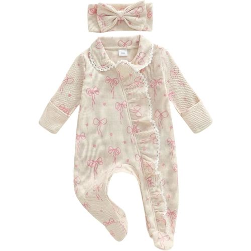 Socutebabe Newborn Baby Girl Coming Home Outfit Ruffle Romper Onesie Cute Ribbed Knit Jumpsuit Winter Clothes and Headband