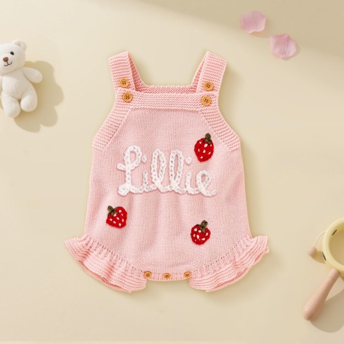 Pink Baby Girl Romper, Hand Embroidered Baby Name Romper, Custom Outfit for Babies, Girls Knitted Romper, 1st Birthday Outfit,Newborn Romper