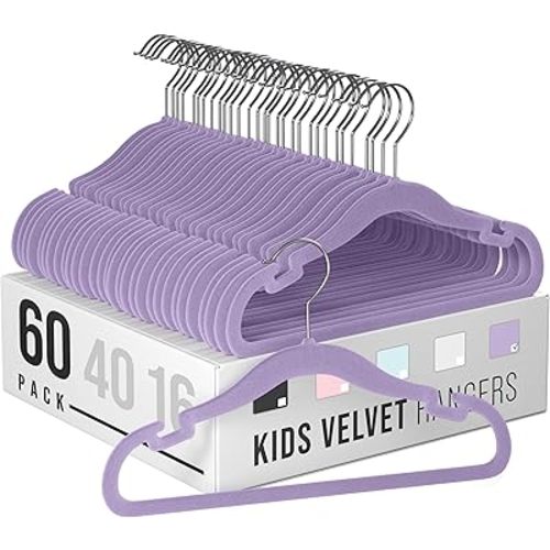 Velvet Baby Hangers for Clothes - Heavy Duty Non Slip Velvet Kids Hangers Or Toddler Hangers for Closet | Ultra Thin Design Kid Hangers for Space Saving - Ganchos De Ropa para Bebe (60 Pack Purple)