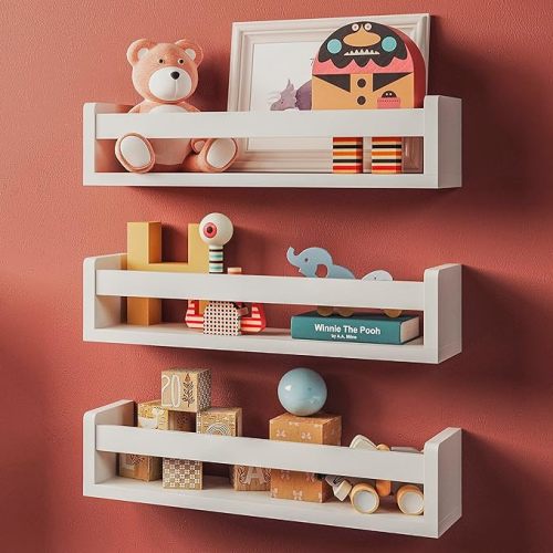 NATURE SUPPLIES Set of 3 White Floating Shelves for Wall, Kids Bookshelf for Bedroom, Book Shelf for Kids Rooms, Nursery Book Shelves, Nursery Shelves for Wall - Classic White - 3 Pack-16.4 Inches