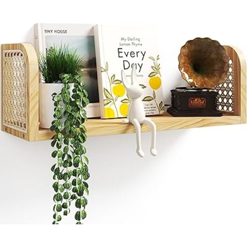 17 Inch Rattan Wall Shelf, Wooden Hanging Bookshelf Storage, Natural Cute Nursery Shelves Wall Mounted, Boho Decorative Floating Shelves for Kids Room, Living Room, Play Room, Bedroom