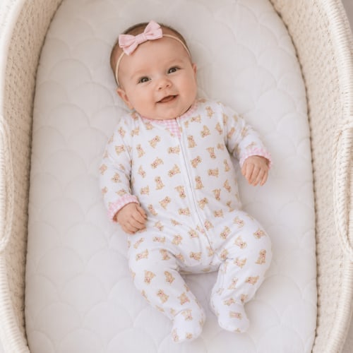Sweet Golden Print Ruffle Zip Footie - Pink