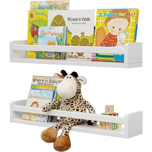 Fun Memories Nursery Book Shelves, 24Inch Floating Shelf for Wall, Wall Bookshelf for Kids Solid Wood Wall Mounted Shelves for Books,Toys and Decor Storage, Set of 2