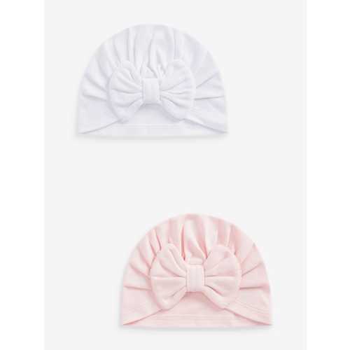 Pink/White Big Bow Baby Bow Turban 100% Cotton Hats 2 Pack (0mths-2yrs)