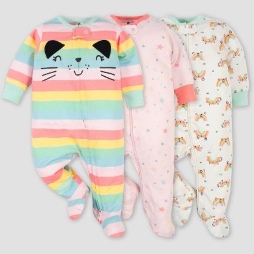 Gerber Baby Girls' 3pk Rainbow Zip-Front Sleep N' Play - Green, Size: 6-9M