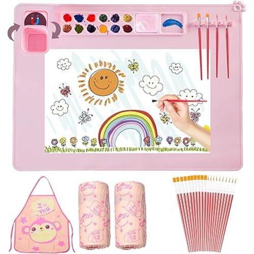 Silicone Painting Mat,Painting Stations Kit [1x Apron,1 Pair Oversleeve,20 Pieces Brushes] Craft Silicone Mats 21"X17" with Detachable Cup for Kids Gift,Paint, Clay, DIY Projects