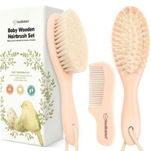 Baby Hair Brush and Comb Set, Oval Wooden Baby Brush Set for Newborns, Infant, Toddler Grooming Kit (Oval, Preach)
