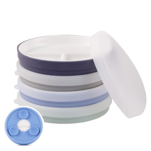 Elk and Friends Kids 6.7” Porcelain Divided Plates with Silicone Suction Sleeves + Silicone Lids | Suitable for Babies/Kids/Toddlers | Microwave & Dishwasher Safe | Non Slip | Snack Dishes | 4 Pack