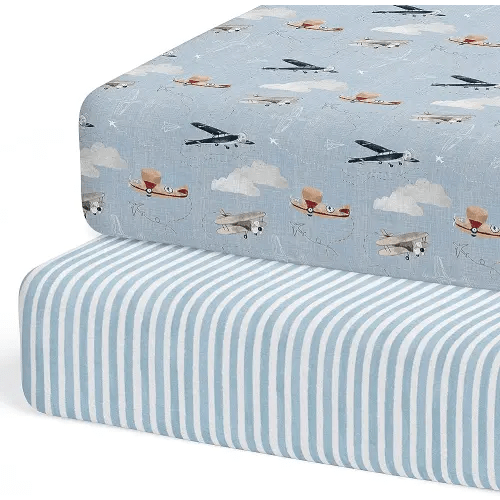 2-Pack Crib Sheets for Standard Crib Mattress (Watercolor Airplanes and Clouds) - Premium Fitted Sheets - Buttery Soft Cotton Blend