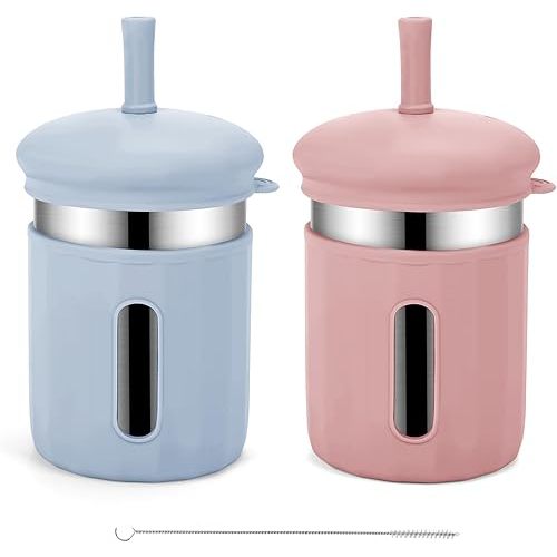 Stainless Steel Kids Cups, 12.51 oz Toddler Tumbler with Straws and Lids, Spill-Proof Baby Smoothie Cup with Silicone Sleeve, Versatile 2-in-1 Drinking Snack Cups for Kids (Blue+Coral)