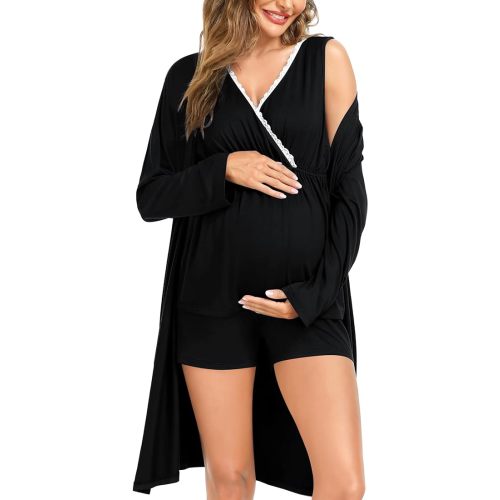 SWOMOG Womens Maternity Nursing Pajama Set with Robe 3 Piece Breastfeeding Sleepwear Sleeveless Top & Shorts Pregnancy PJs