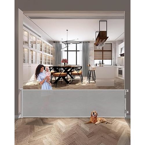 dearlomum 118 Inch Extra Wide Retractable Baby Gate,Mesh Large Baby Gate or Mesh Pet Dog Gate, Opening Wide Extra Long Child Safety Gate for Indoor Baby Fence, Outdoor, Stairs, Deck (Grey)