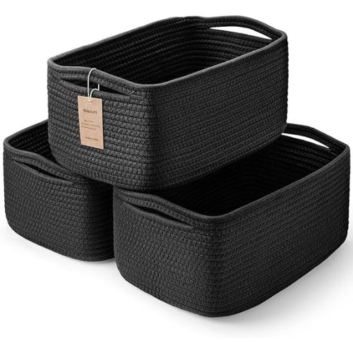 3-Pack Small Storage Baskets for Organizing | Woven Shelf Toy Basket | Rope Baskets for Gifts Empty | Closet Organizer Bins with Handles | Cube Decorative Box | 11.8×7.8×5.1” | Mixed Black