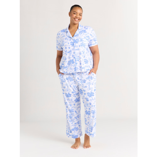 Joyspun Women's Notch Collar Short Sleeve Knit Top & Capri Pajama Set, 2-Piece, Sizes XS-3X