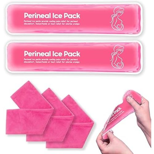 Perineal Ice Packs for Postpartum Reusable, Perineal Cold Packs, Postpartum Hemorrhoid Pain Childbirth Recovery Care, 2 Gel Pads+3 Washable Sleeves (Red)
