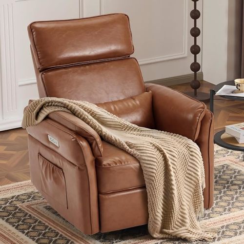 Power Recliner Rocking Chair Nursery Gliders with Adjustable Armrests and Headrest, Swivel Electric Glider Reclining Nursing Chair with USB Port and Storage Bags, FSC Certified (Leather, Brown)