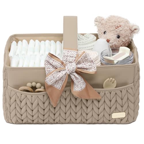 LUKJOJO Luxurious Baby Diaper Caddy, Nursery Storage Basket for Newborn Essentials, Travel Baby Basket for Diapers Baby Wipes, Organizer Tote Bag Storage Bin, Baby Shower Gifts(Beige)