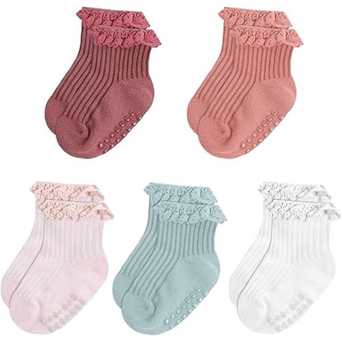 5 Pairs Baby Girl Ruffle Socks, Non Slip Grip Socks - Cotton Infant Ankle Sock for 0-12 Months Newborn Toddlers (White, Pink, Peach, Purgundy, Green)