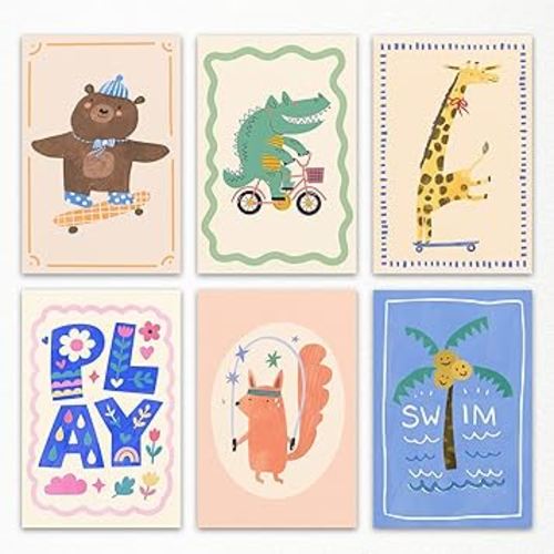 6pcs Animal Sports Canvas Wall Art, Funny Skateboard Bear and Giraffe Kids Poster, Bicycle Riding Crocodile & Rope Jumping Fox Nursery Print, Play and Swim Picture for Playroom 8x12in Unframed