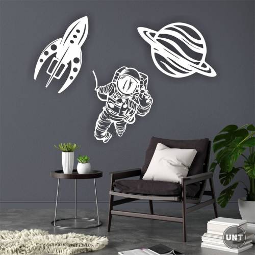 Space Set of 3 Wall Art, Wooden Planet, Astronaut Wall Design, Laser Cut Home Decor, Nursery Decoration, Kids Room Gift, Birthday Gift