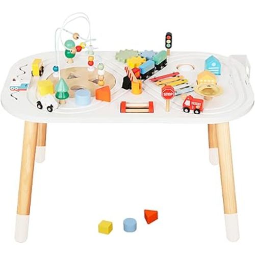 Baby Activity Cubes for Kids,Toddler Activity Cubes&Activity Center Table with Wooden Bead Mazes,Mini Toy Car,Gears&Blocks|Wooden Desk Play Table as Montessori Toy for 1 Year Old Boy Girl