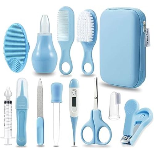 PandaEar Baby Healthcare & Grooming Kit - Baby Safety Set Comb, Brush, Finger Toothbrush, Nail Clippers, Scissors, Nasal Aspirator - Nursery Care Kit (Blue)