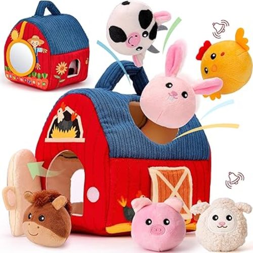 hahaland Baby Toys 6-12 Months - Surprise Barn with Stuffed Farm Animals, Rattle, Crinkle Paper, Mirror - Montessori Toys for Babies, Sensory Balls for Toddlers 1-3 - 1 Year Old Developmental Toy Gift