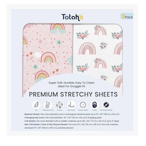 TotAha Premium Soft Pack n Play Sheets, Super Stretchy Jersey Knit Mini Crib Sheets Fitted, Silky Comfort Pack and Play Mattress Sheets, 2 Pack (Rainbow)
