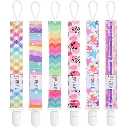 ALVABABY Baby Pacifier Clips for Boys Girls Pacifier Universal Holder Leash Pacifier Clip Binky Holder for Teether Toys Soothie 6 Pack 6DBP06