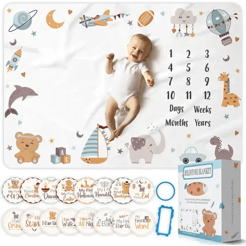 Monthly Baby Milestone Blanket for Boy, Premium Soft Fleece Blanket, First 12 Months Growth Chart, Large Size 60" x 40", 16 Milestone Stickers