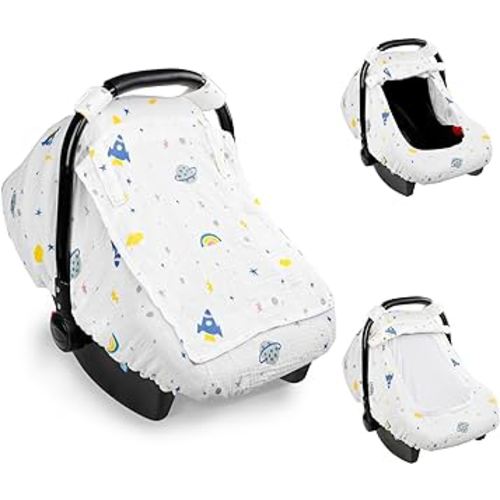 Hooyax Muslin Car Seat Cover Baby, Summer Car Seat Covers for Babies, Infants, and Newborns, Ultra Soft Breathable Universal Fit Stroller Carseat Canopy Covers for Boys Girls (Planet)