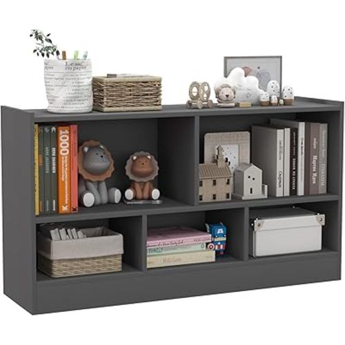 Toy Storage Organizer, 2-Tier Kids Bookshelf, 5 Cube Kids' Bookcases, Cabinets & Shelves, Wooden Toy Shelf Organizer, Small Book Shelf for Kids Rooms, Playroom, Classroom, Nursery (Gray)