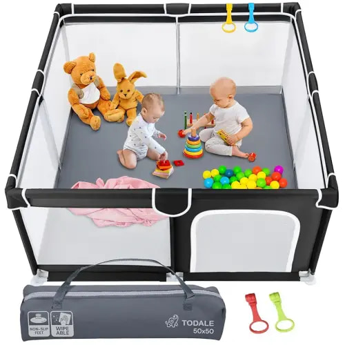 Todale Baby Playpen for Babies & Toddlers - 50 x 50 x 27 in, Black - Sturdy Toddler Playpen with Anti-Slip Base & Breathable Mesh Panels - Portable Indoor & Outdoor Activity Center
