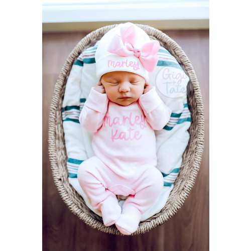 Newborn Girl Coming Home Outfit, Personalized Romper and Pink Bow
