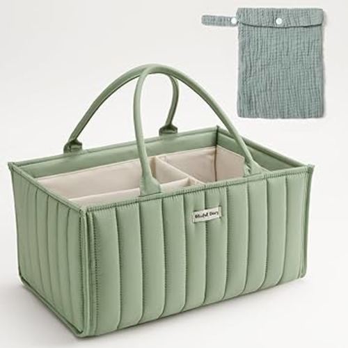 Blissful Diary Baby Diaper Caddy Basket, Stylish Diaper Caddy Organizer With A Diaper Storage Bag - Gift for Baby Registry Must Have, Baby Shower List, Newborn Essentials - Sage Green