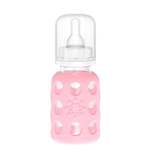 Lifefactory 4-Ounce Glass Baby Bottle with Protective Silicone Sleeve and Stage 1 Nipple Pink (LF110003C4)