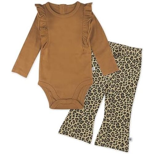 HonestBaby baby-girls Long Sleeve Ruffle Bodysuit & Flare Legging Set 100% Organic Cotton for Baby Girls