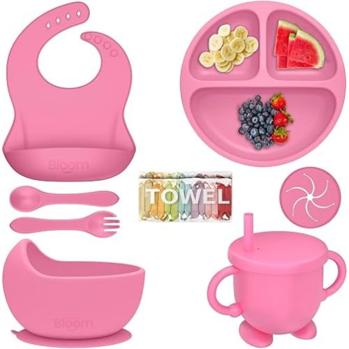 Premium Silicone Baby Feeding Set, Baby Led Weaning Supplies, Suction Bowl, Suction Plate, 3 in 1 Cup, Bib, Stage 1 and 2 Spoon & Fork, Toddler weaning supplies, Baby feeding essentials (Baby Pink)