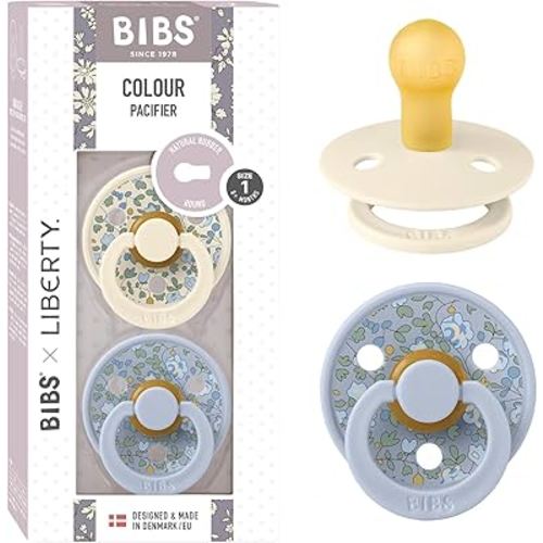 BIBS Colour Liberty Soother 2-Pack, BPA Free Dummy Pacifier, Round Nipple. Natural Rubber Latex, Made in Denmark, Size 1 (0-6 Months), Eloise Dusty Blue