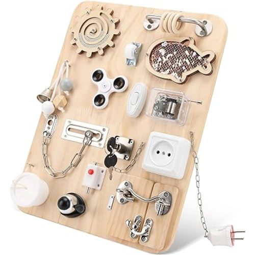 Wooden Montessori Busy Board for 1 2 3 4 Year Old, Montessori Sensory Activity Board Toys for Kids Toddler Baby Boys Girls, for Autism & ADHD Motor Skills