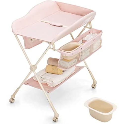 INFANS Portable Baby Changing Table, Folding Diaper Dresser Station with Wheels, Adjustable Height, Safety Belt, Drying and Storage Rack, Mobile Nursery Organizer Stand for Newborn Infant (Pink)