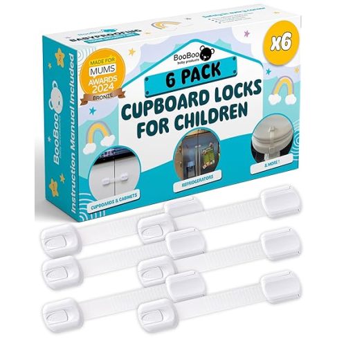 Booboo® (10 Pack) Premium Cabinet Locks Baby Proofing, Child Proof Cabinet Locks, Cupboard Locks for Children with 3M Adhesive + 4 Extra Stickers