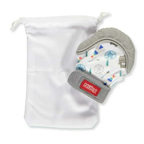 Nuby Baby Teething Mitten with Hygienic Travel Bag, Gray Bear